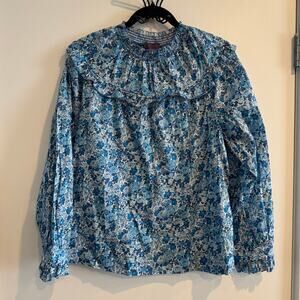 J. Crew Liberty Art Smocked Top Elysian Day Floral Blue Ruffled Long Sleeve Sz M